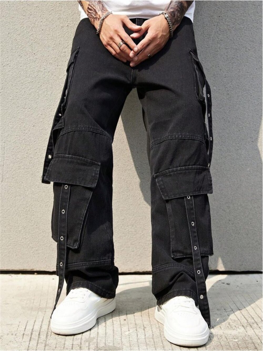 Casual Multi Pocket Straight Leg Workwear Jeans Baggy Long Washed